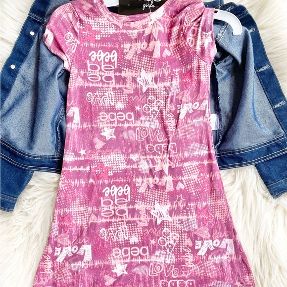 New with tags 2Piece Set BEBE GIRLS DENIM JACKET & Pink Logo Dress size M5-6 - Picture 3 of 4